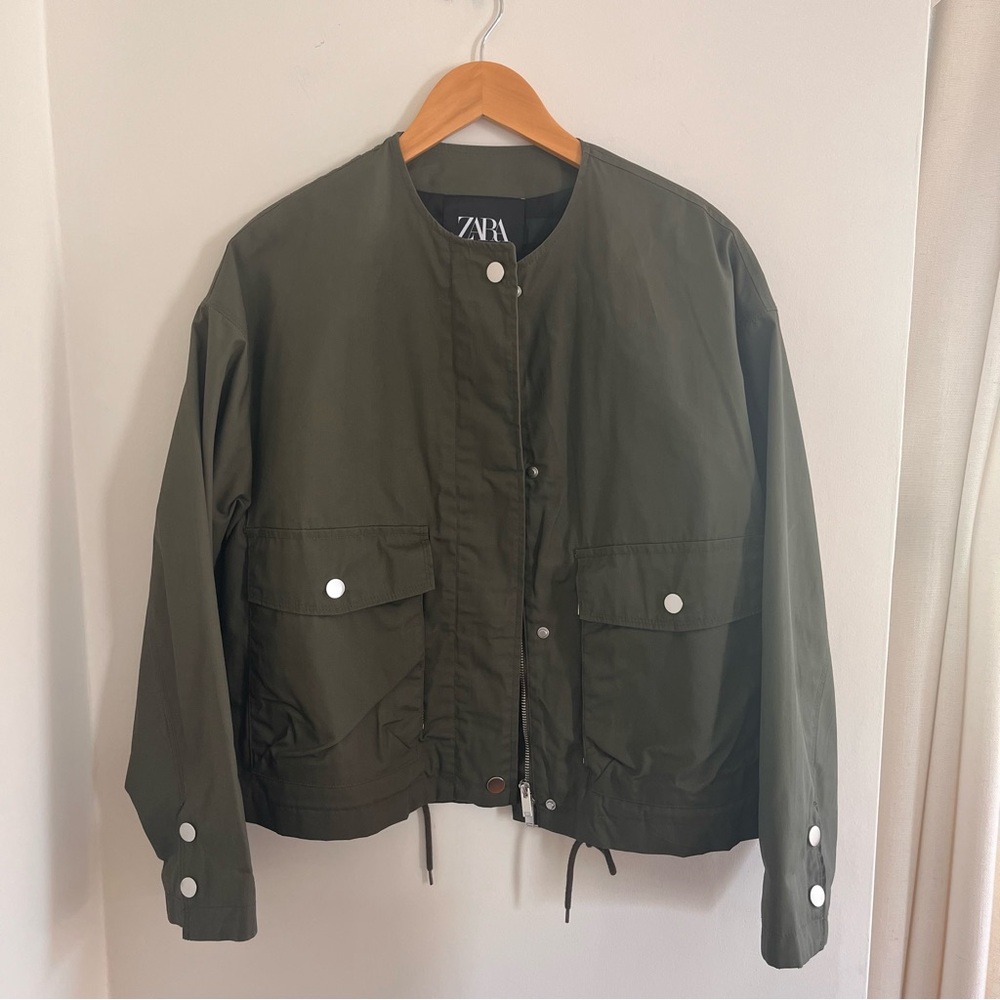 Zara Khaki Green Contrast Cuffs Jacket Sz M NWOT - Picture 2 of 12